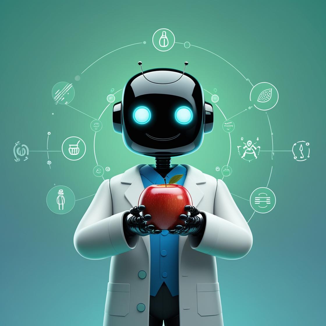 Mascot for Nutribot AI: a friendly robot in a lab coat holding an apple